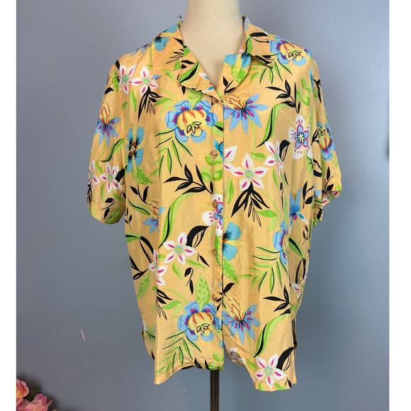 Denim & Company 100% Silk Floral Boxy Button Up Lightweight Tropical Blouse 2X - Picture 1 of 6